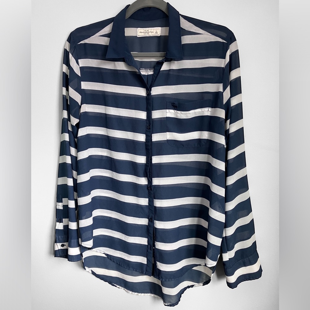 Abercrombie & Fitch blouse Long Sleeve top Navy Stripe Button Down Sheer